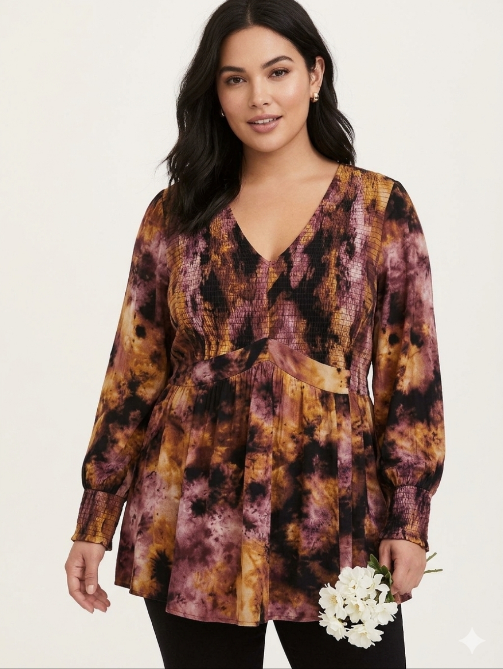 Torrid Neck Long Sleeve Tie-Dye Babydoll Top Crinkled Gauze Purple Size 5x